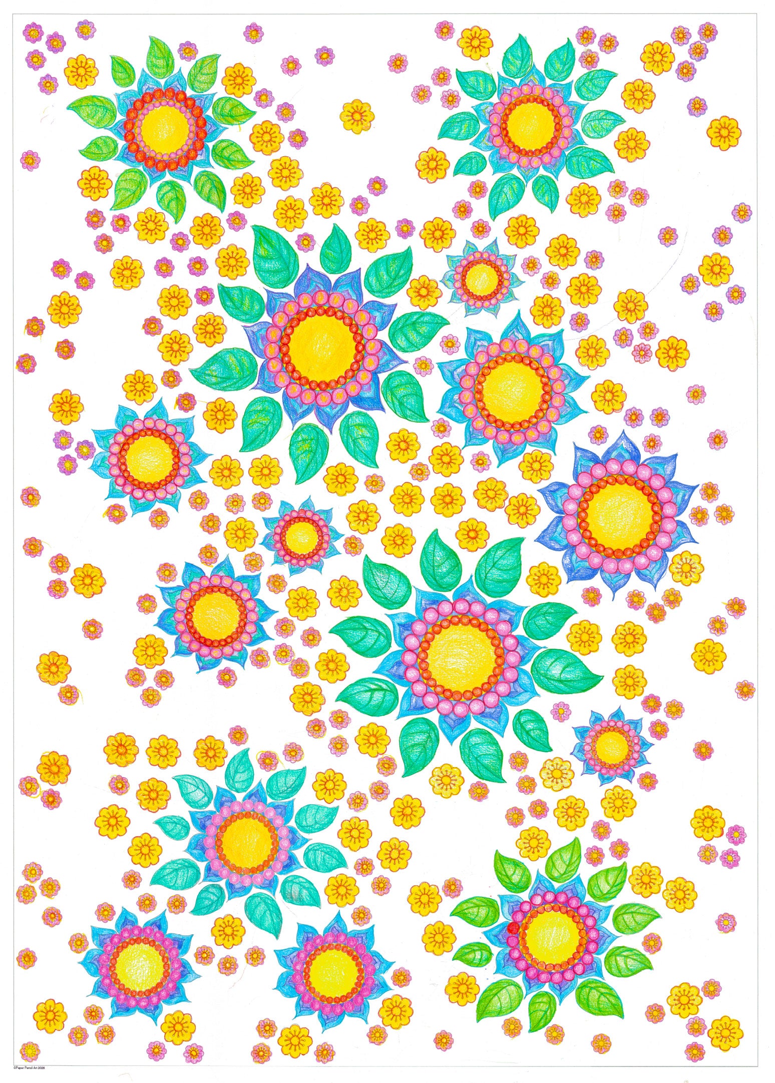 Flower pattern poster size A1 large format colouring sheet for pencils